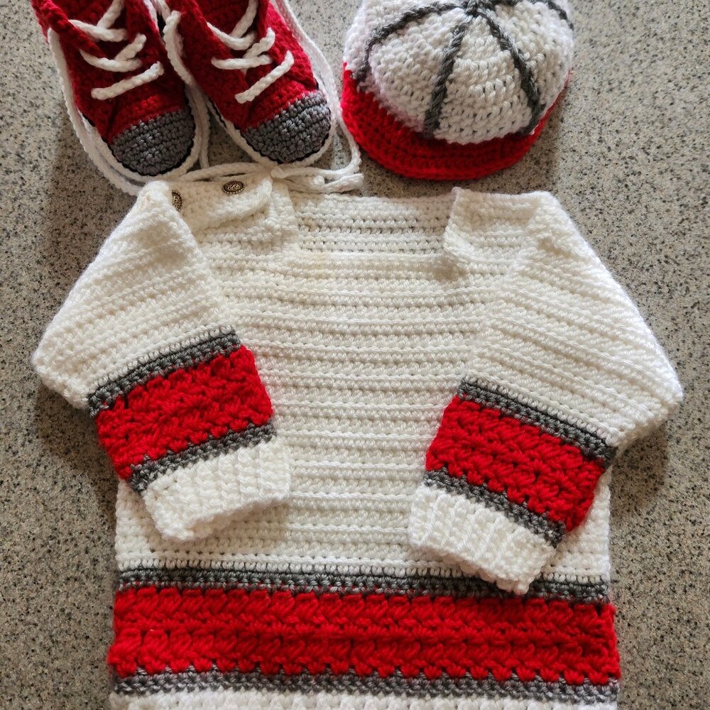 Baby Boy Square Neck Sweater, Baseball Cap, and High Top Tennis Shoes Set OSU Co